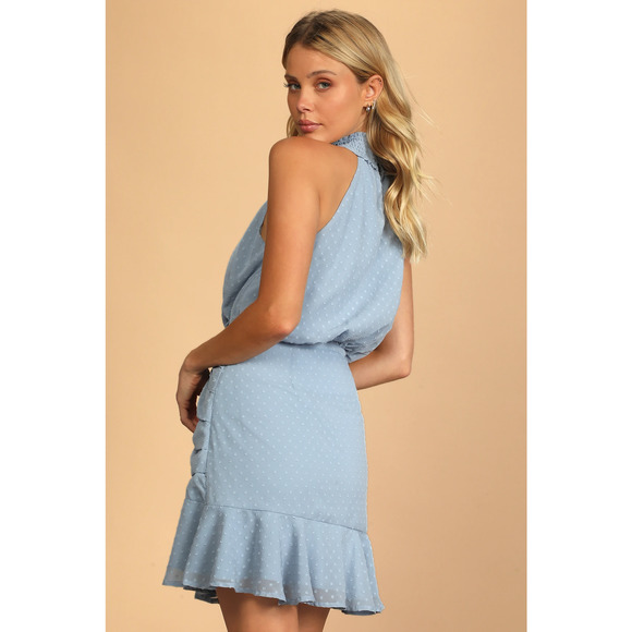 Lulus Mini Dress Large Dusty Blue Halter Ruched Sleeveless Place and Time - Picture 5 of 14
